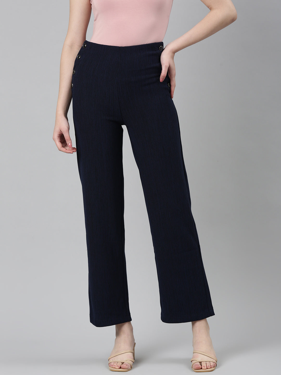 Women's Navy Blue Self Design Straight Fit High-Rise Cotton Parallel Trousers