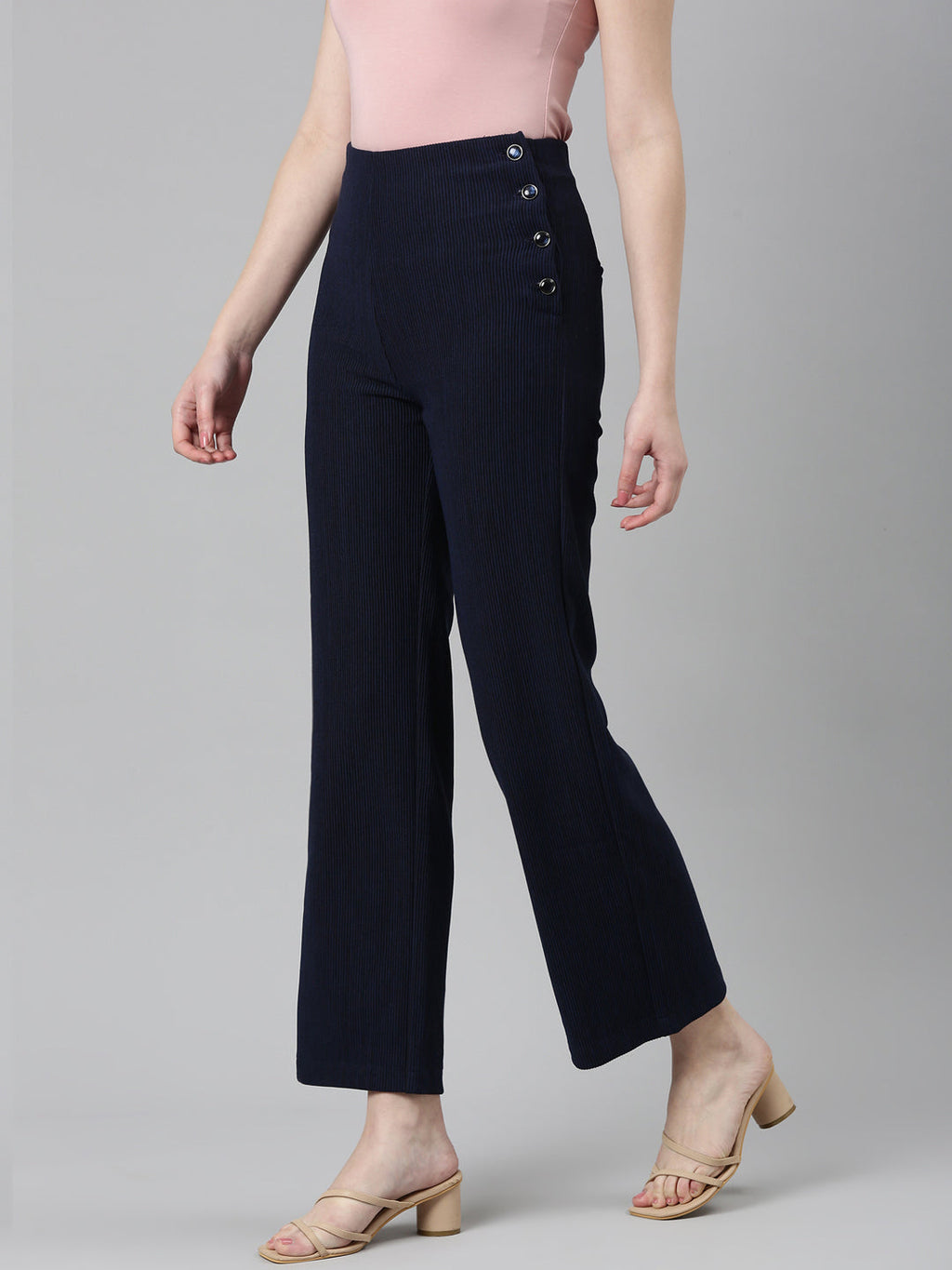 Women's Navy Blue Self Design Straight Fit High-Rise Cotton Parallel Trousers