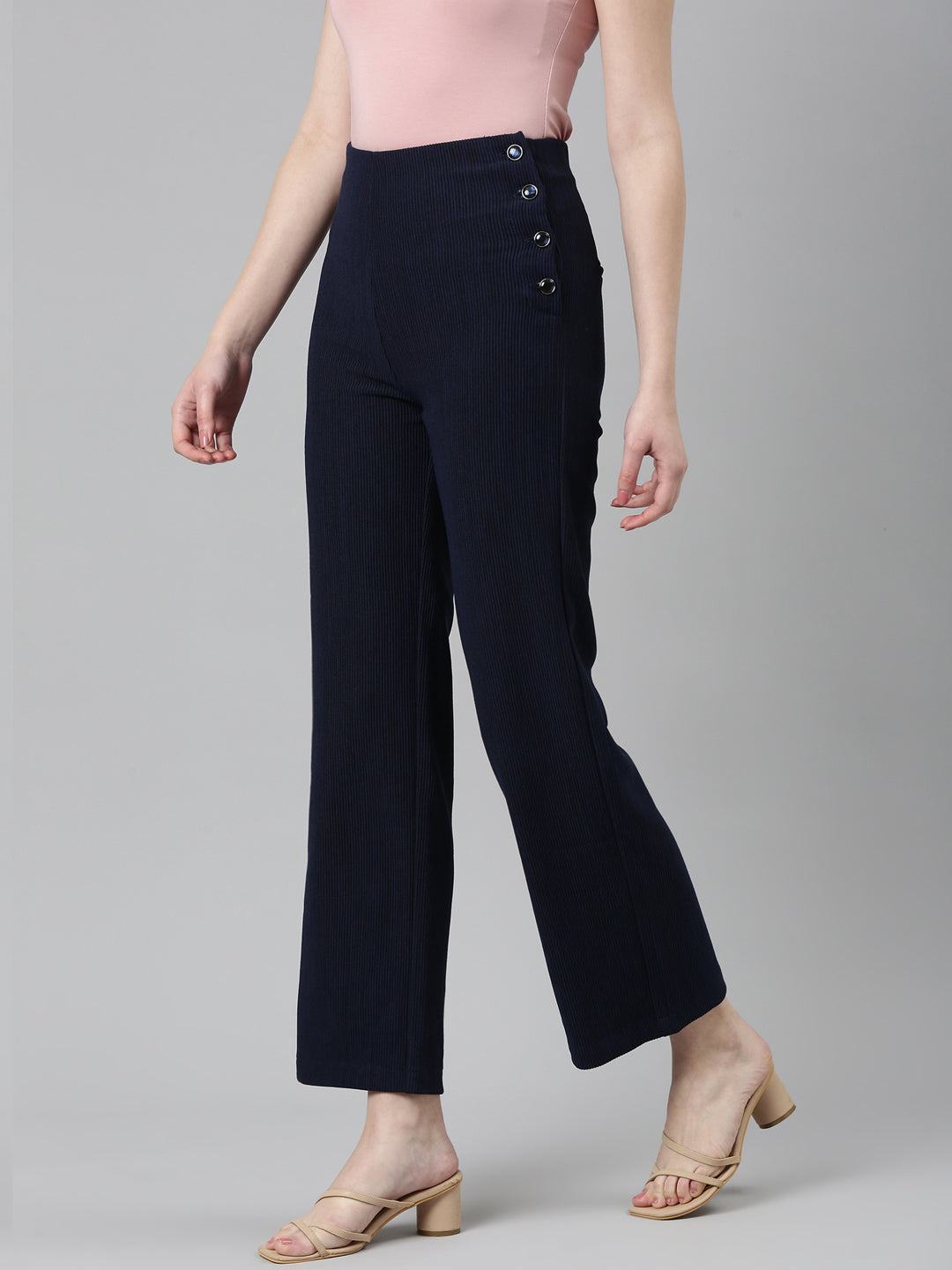 Women's Navy Blue Self Design Straight Fit High-Rise Cotton Parallel Trousers