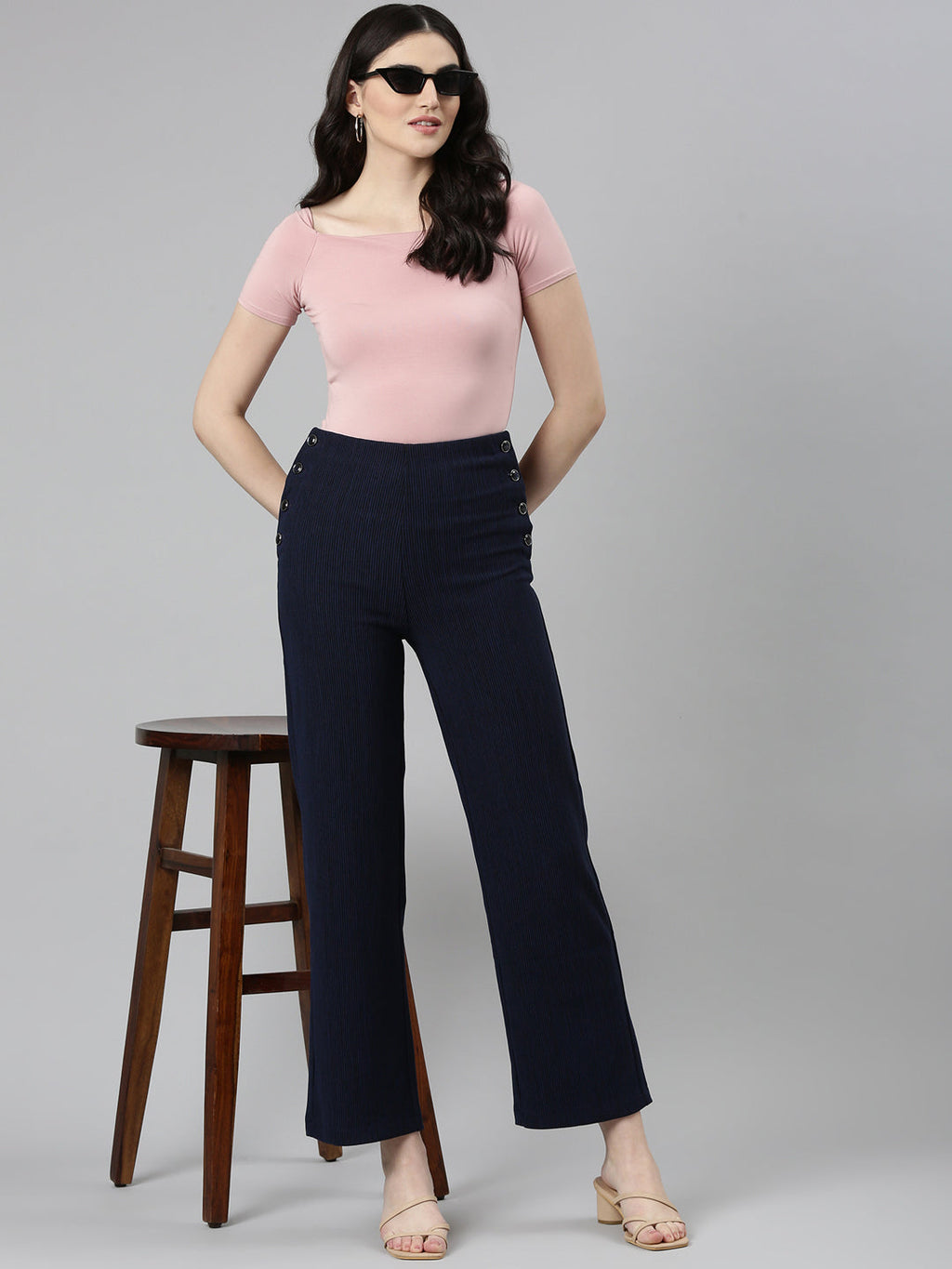 Women's Navy Blue Self Design Straight Fit High-Rise Cotton Parallel Trousers
