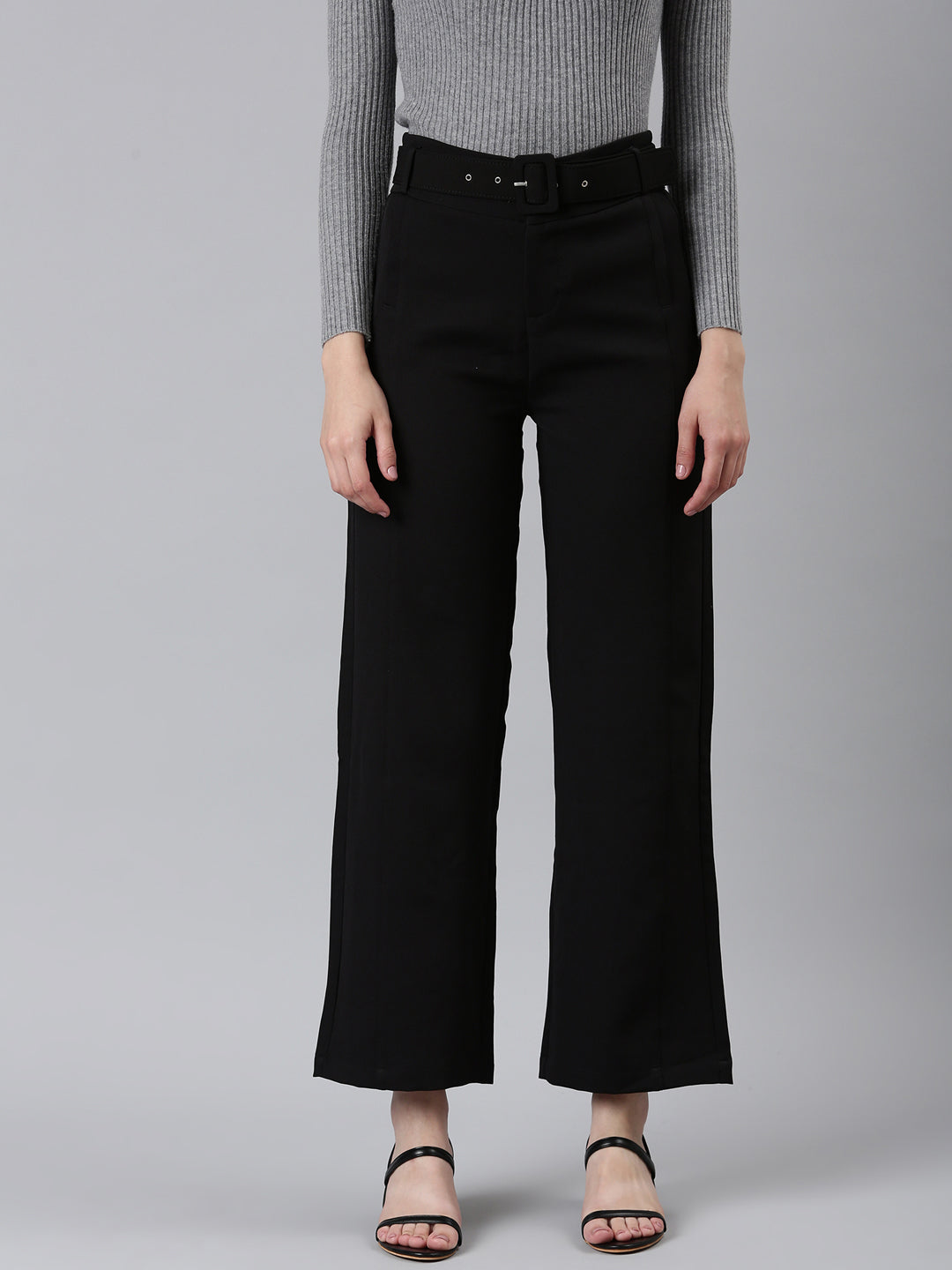 Women's Black Straight Fit High-Rise Trousers
