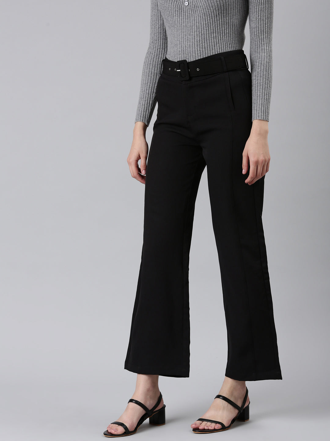 Women's Black Straight Fit High-Rise Trousers