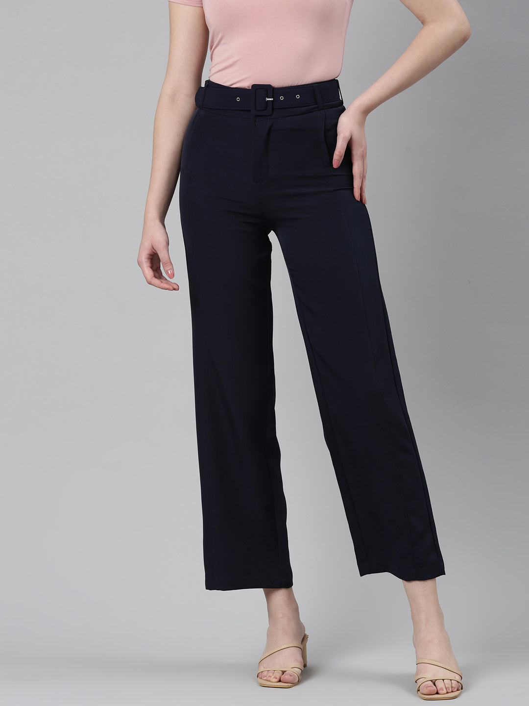 Women's Navy Blue Straight Fit High-Rise Fromal Trousers