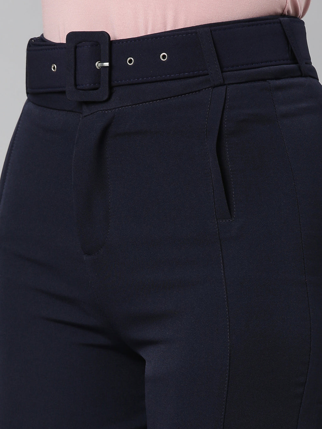Women's Navy Blue Straight Fit High-Rise Fromal Trousers