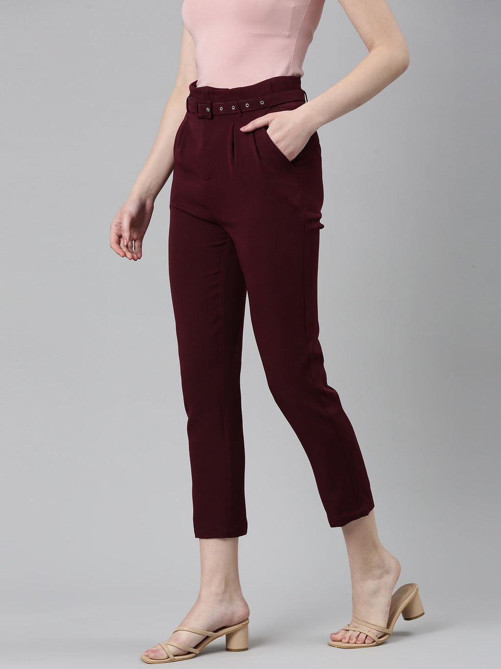 Women's Burgandy High-Rise Pleated Peg Trousers