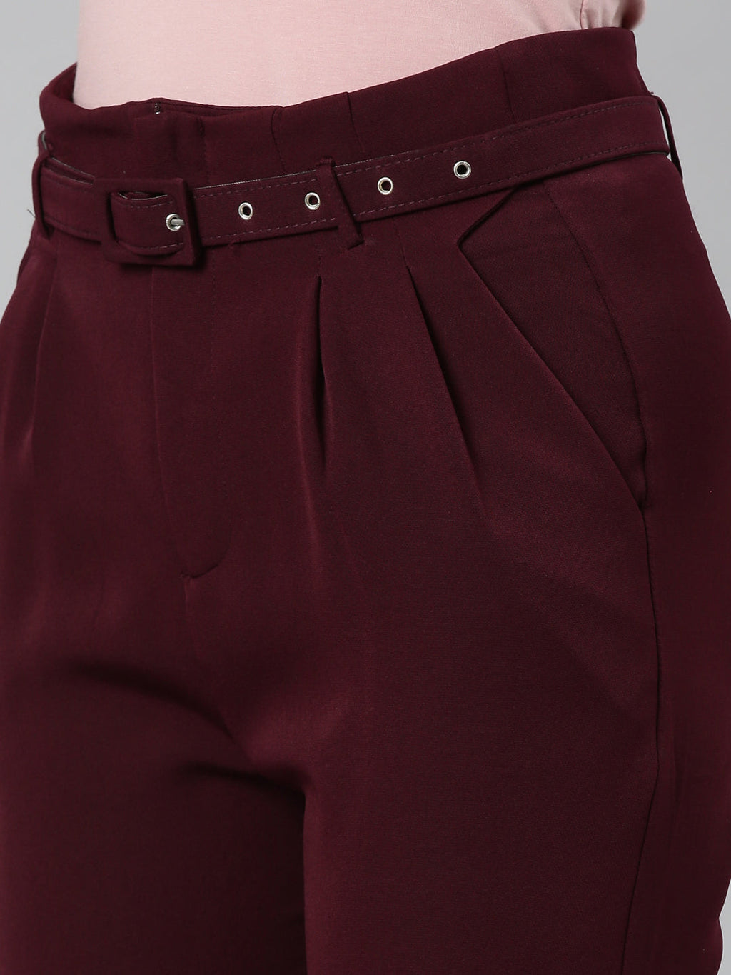 Women's Burgandy High-Rise Pleated Peg Trousers