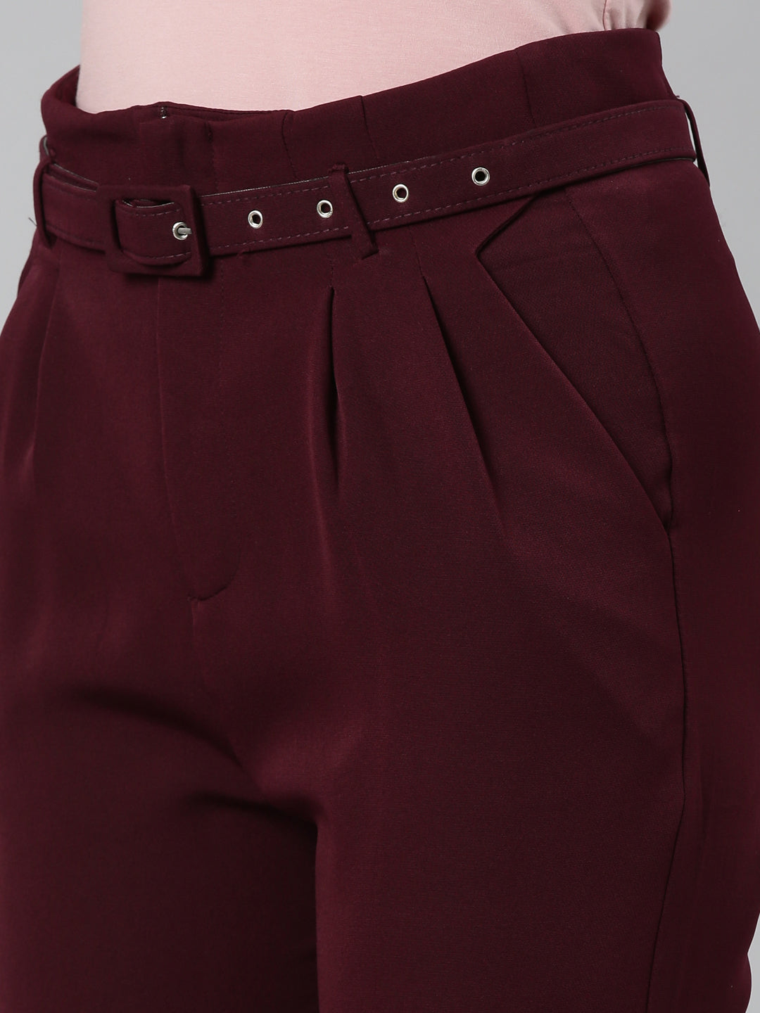 Women's Burgandy High-Rise Pleated Peg Trousers