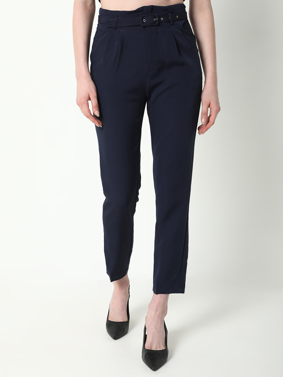 Women's Navy Blue Solid Formal Trousers with Belt