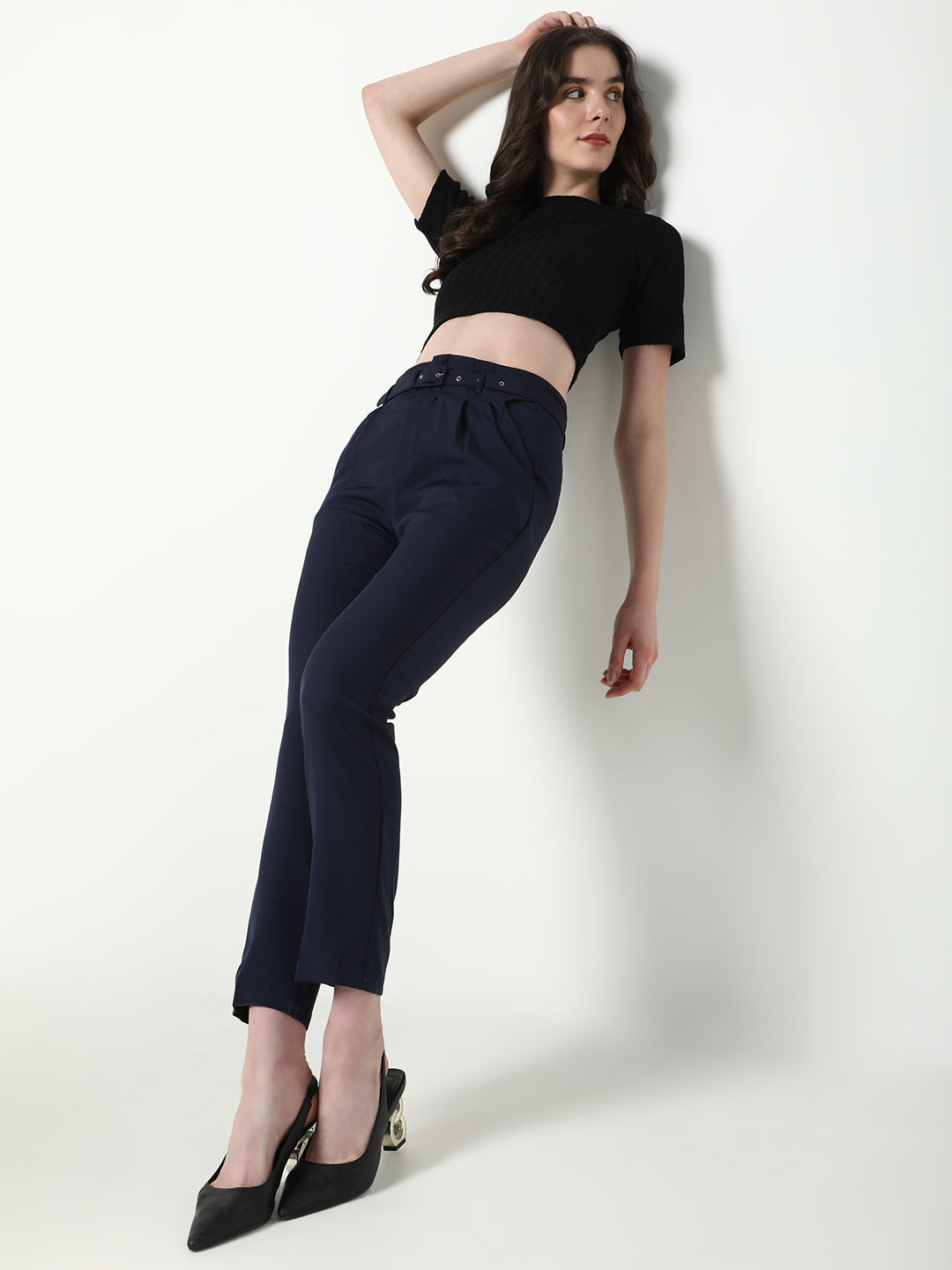 Women's Navy Blue Solid Formal Trousers with Belt