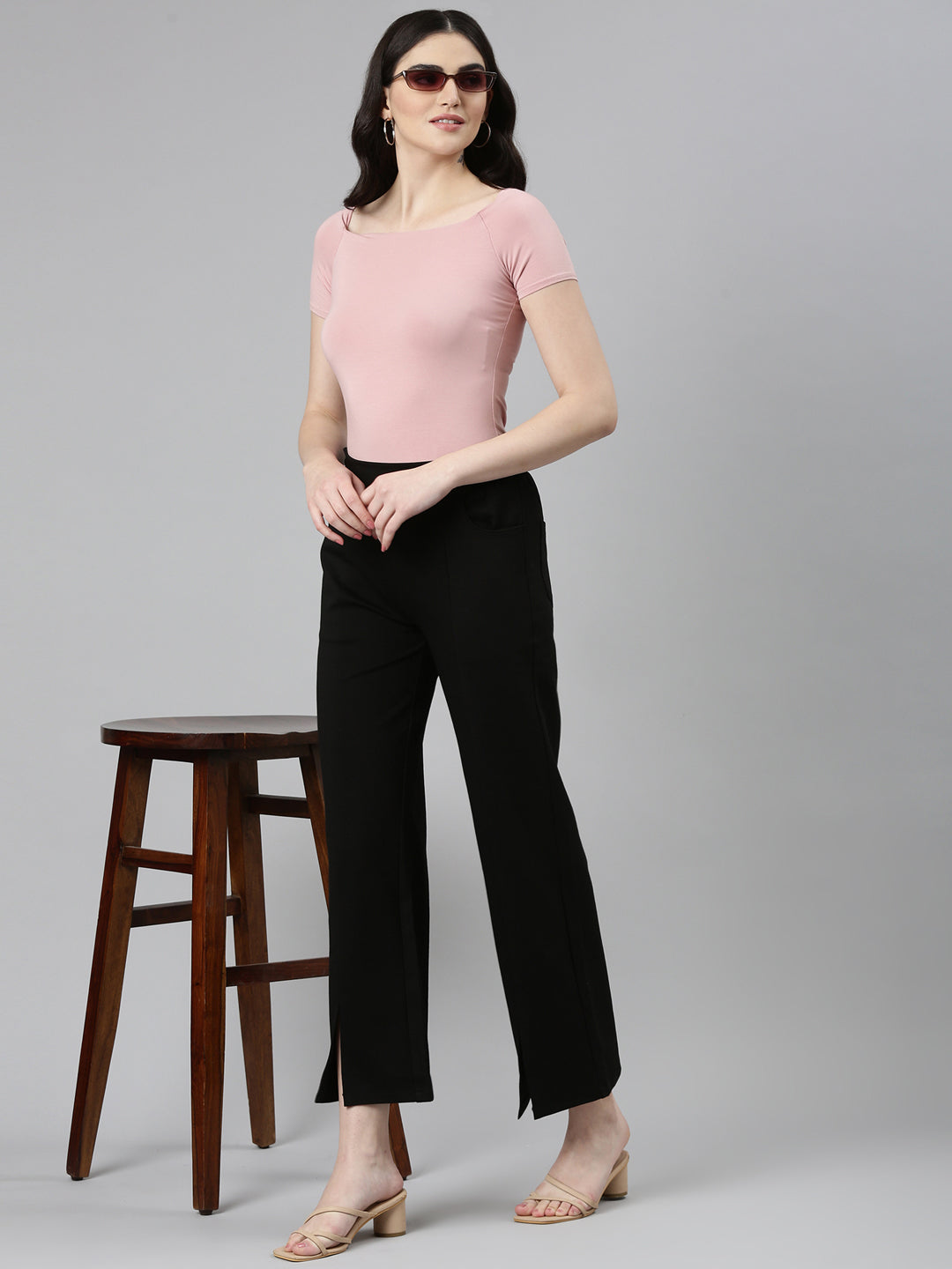 Women's Black Straight Fit High-Rise Lycra Parallel Trousers