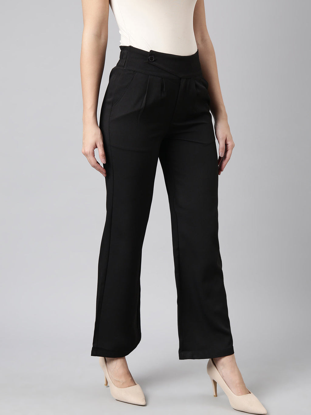 Women's Black Regular Fit Cotton Comfort Pleated Parallel Trousers