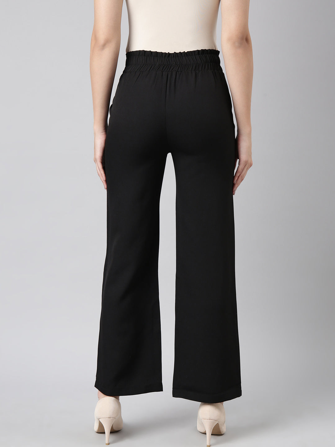 Women's Black Regular Fit Cotton Comfort Pleated Parallel Trousers