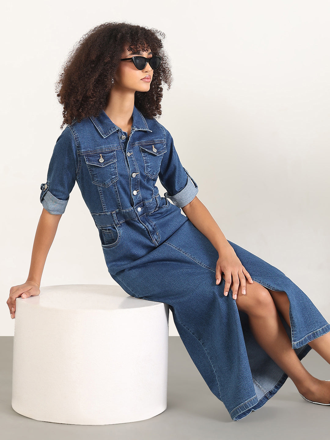 Women's Navy Blue Denim Midi Dress with Front Slit