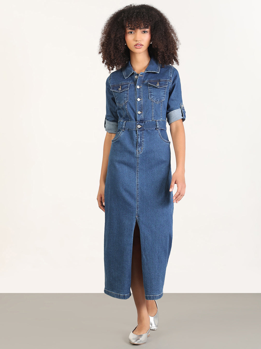 Women's Navy Blue Denim Midi Dress with Front Slit