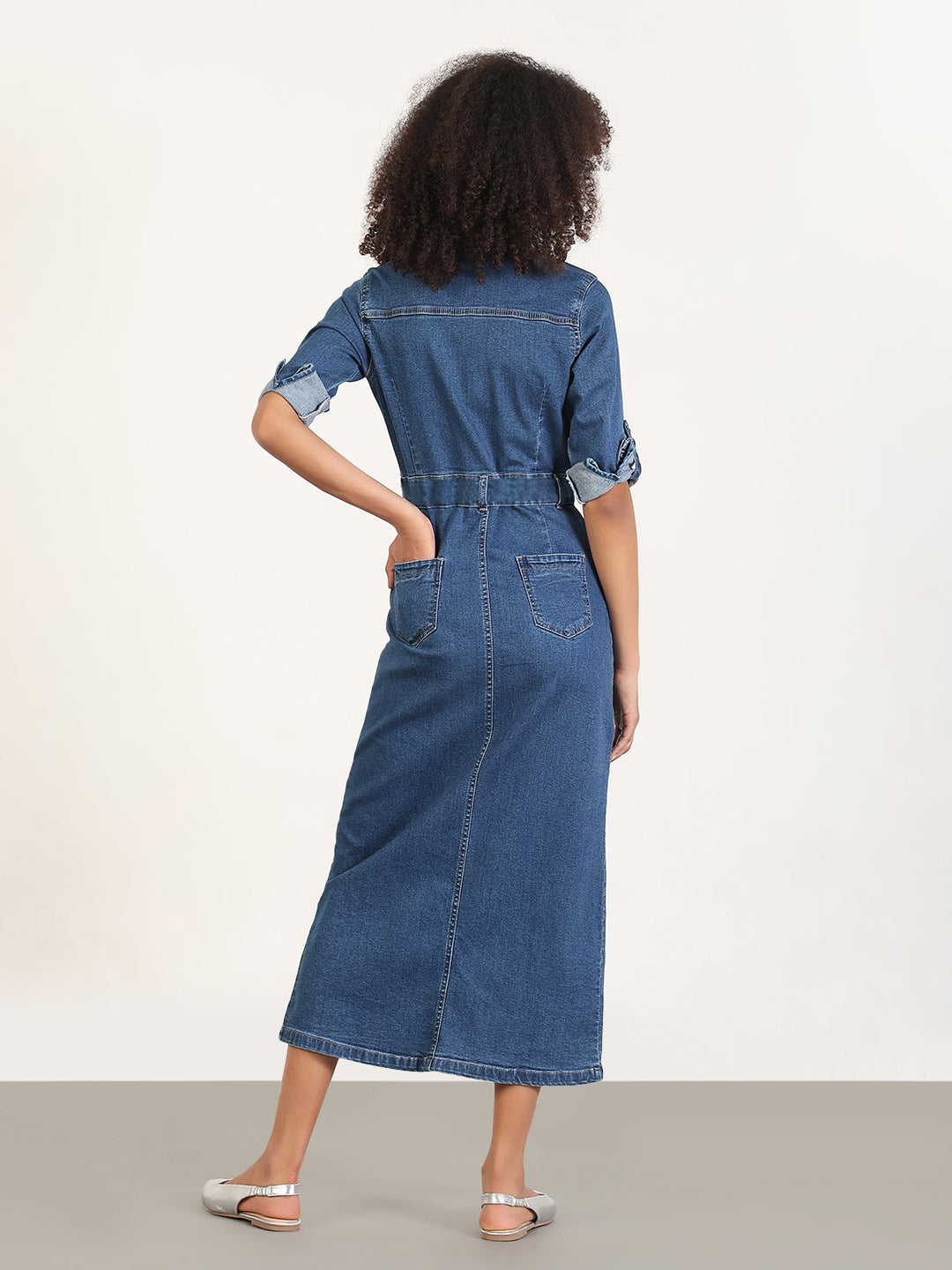Women's Navy Blue Denim Midi Dress with Front Slit