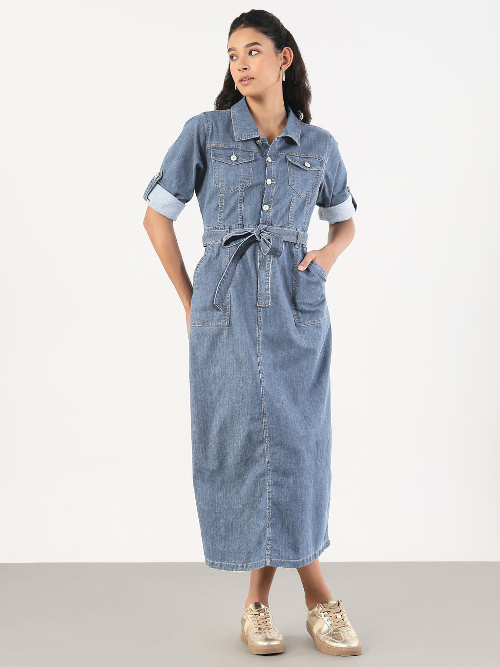 Women's Denim Shirt Style Midi Dress with Fabric Belt