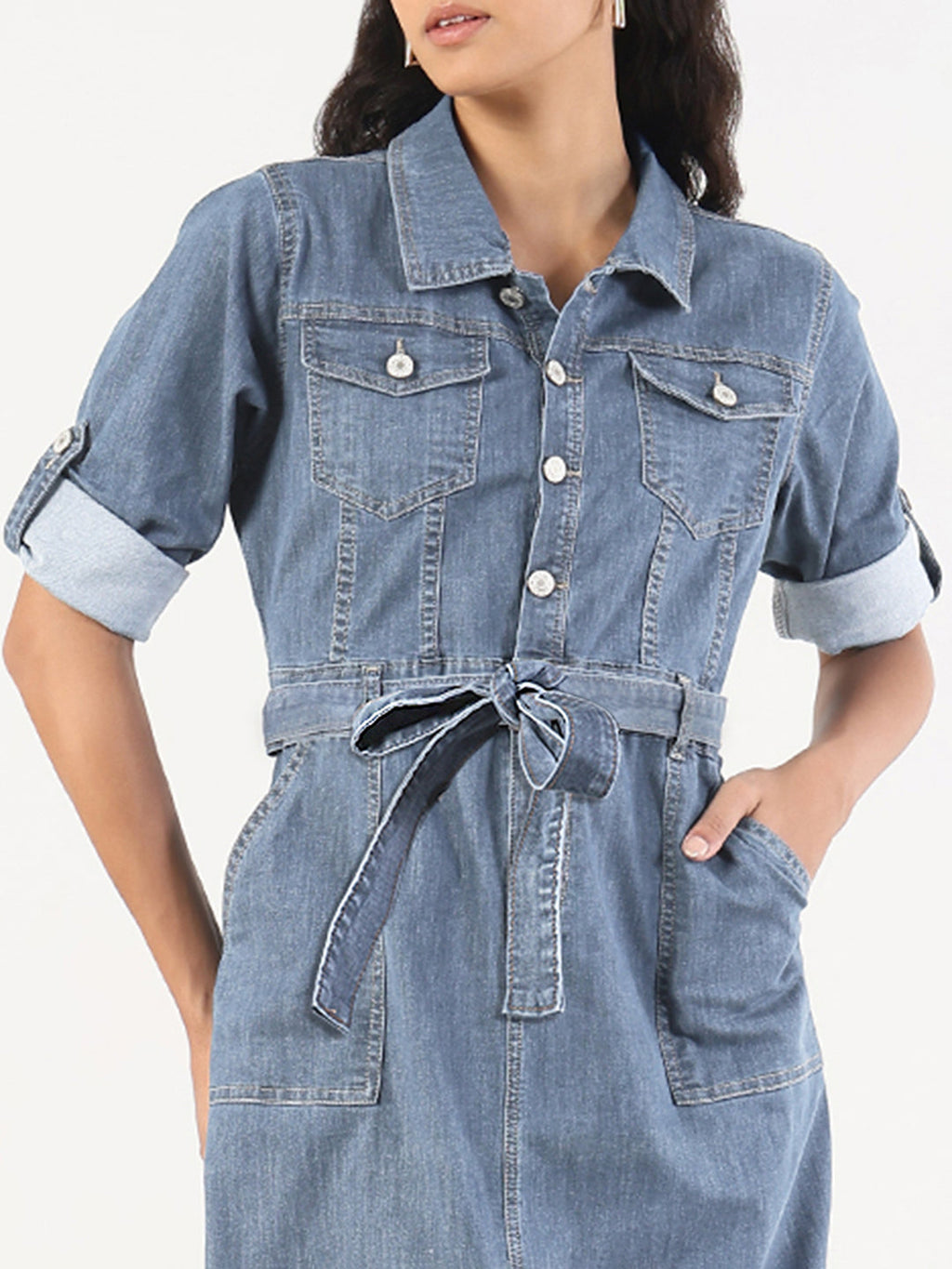 Women's Denim Shirt Style Midi Dress with Fabric Belt