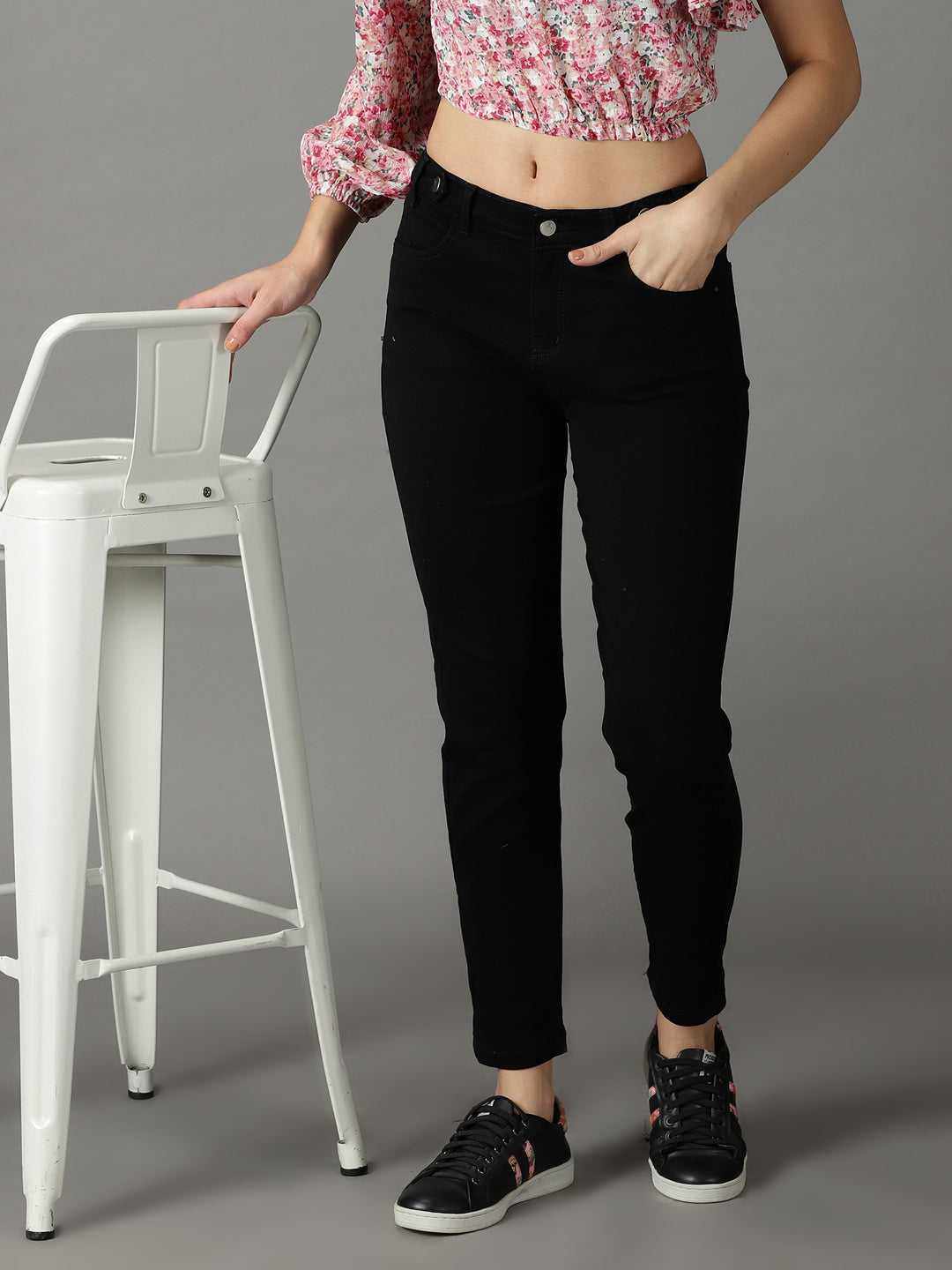 Women's Black High-Rise Acid Wash Stretchable Cotton Jeans