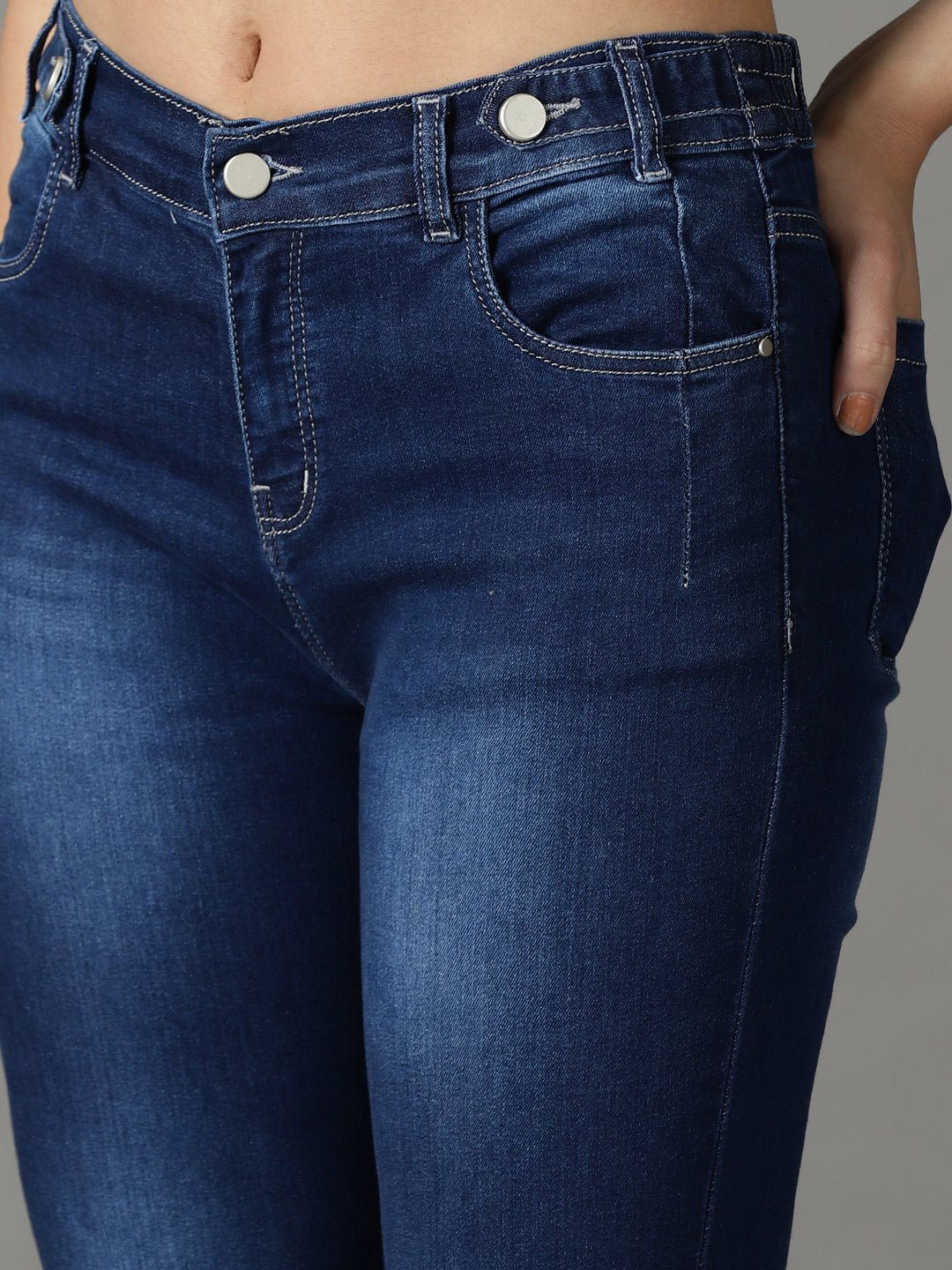 Women's Navy Blue High-Rise Light Fade Acid Wash Stretchable Cotton Jeans