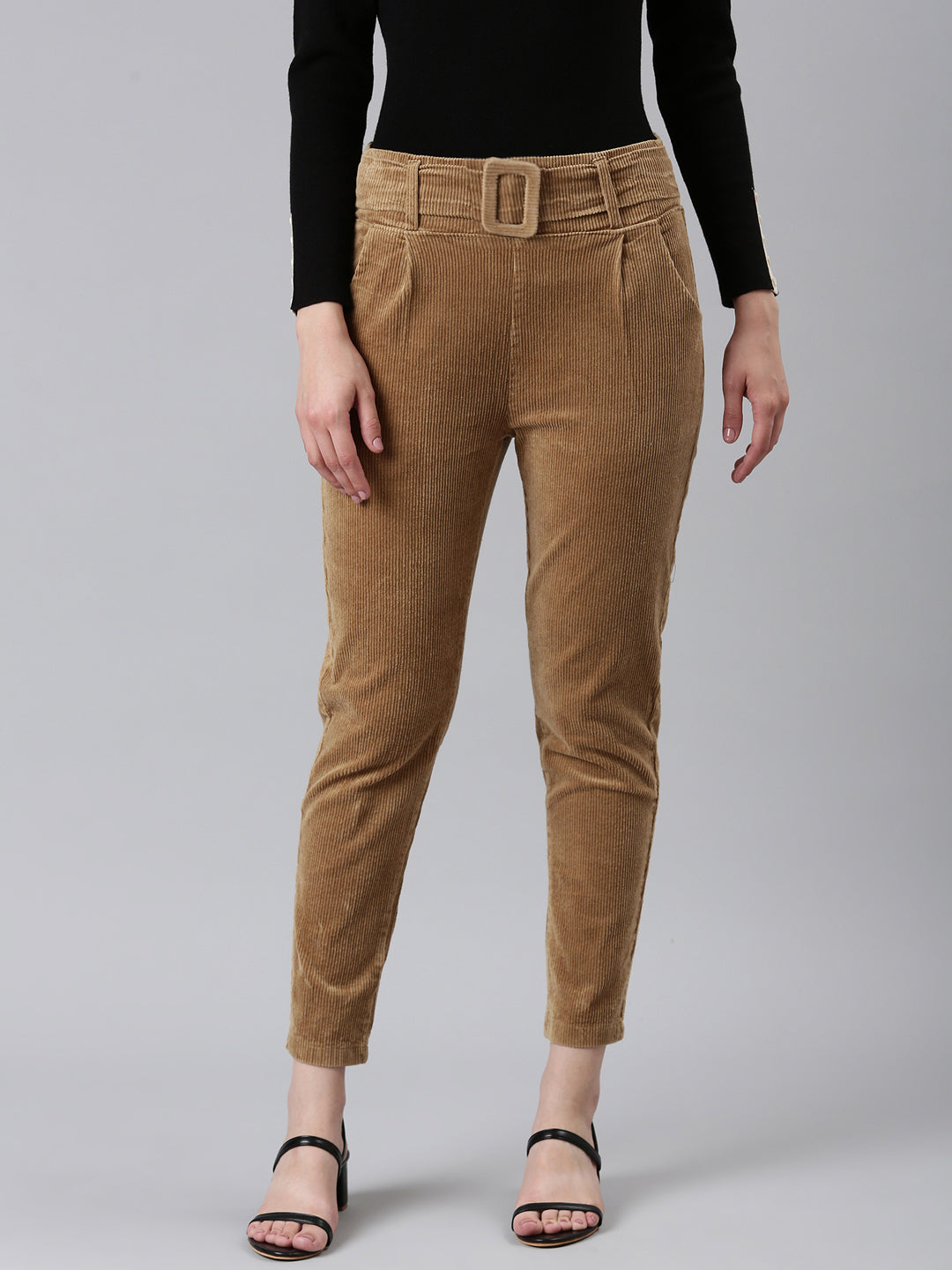 Women's Khaki Slim Fit High-Rise Pleated Peg Trousers
