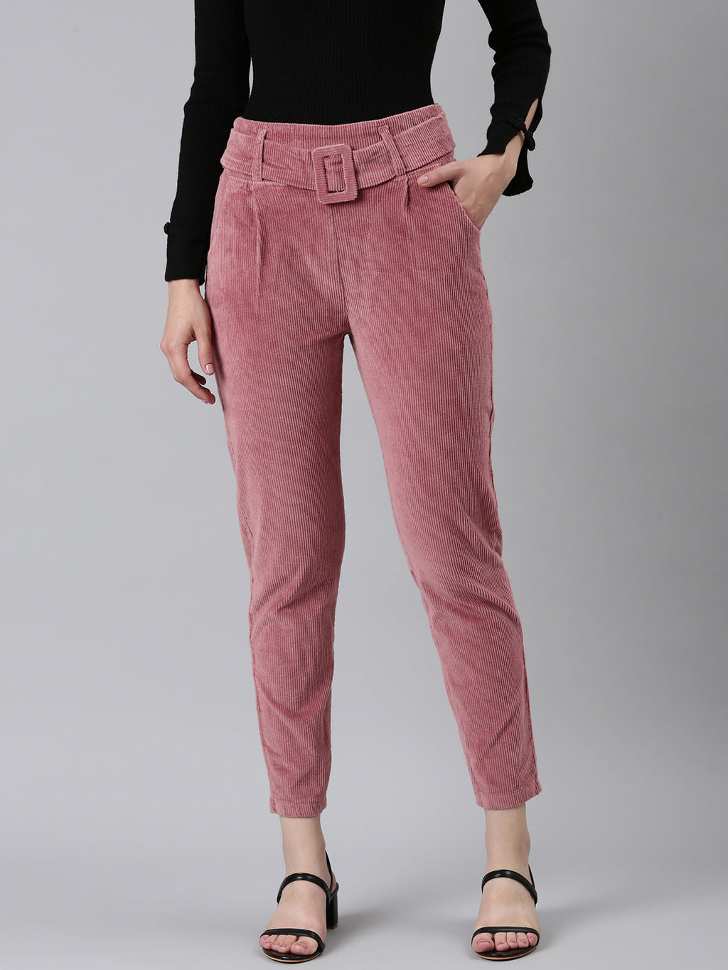 Women's Mauve Slim Fit High-Rise Pleated Peg Trousers