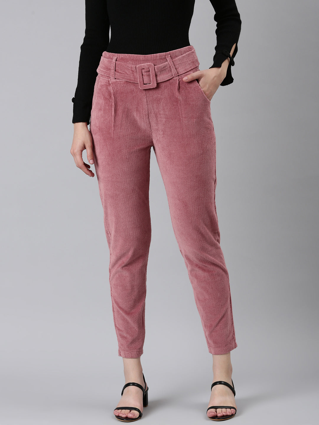 Women's Mauve Slim Fit High-Rise Pleated Peg Trousers