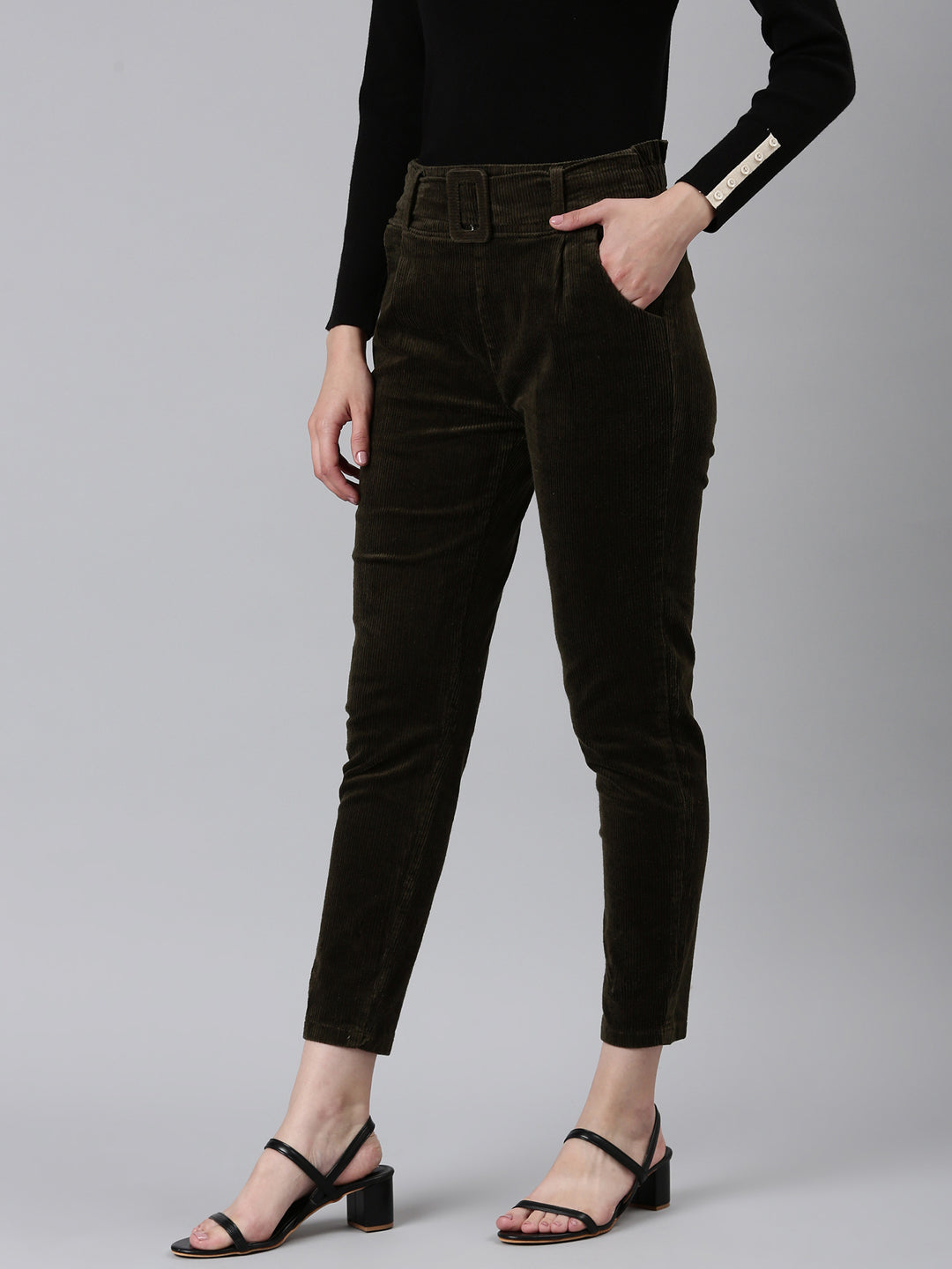Women's Olive Slim Fit High-Rise Pleated Trousers