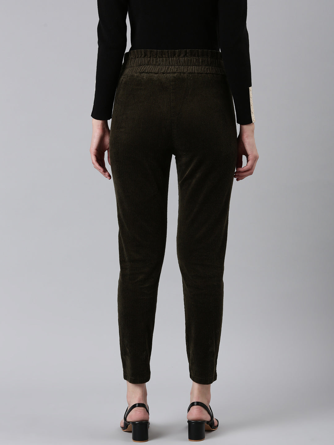 Women's Olive Slim Fit High-Rise Pleated Trousers