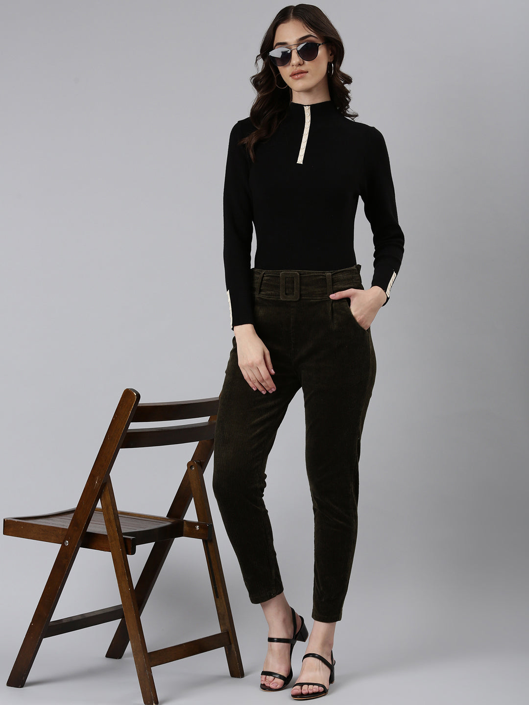 Women's Olive Slim Fit High-Rise Pleated Trousers