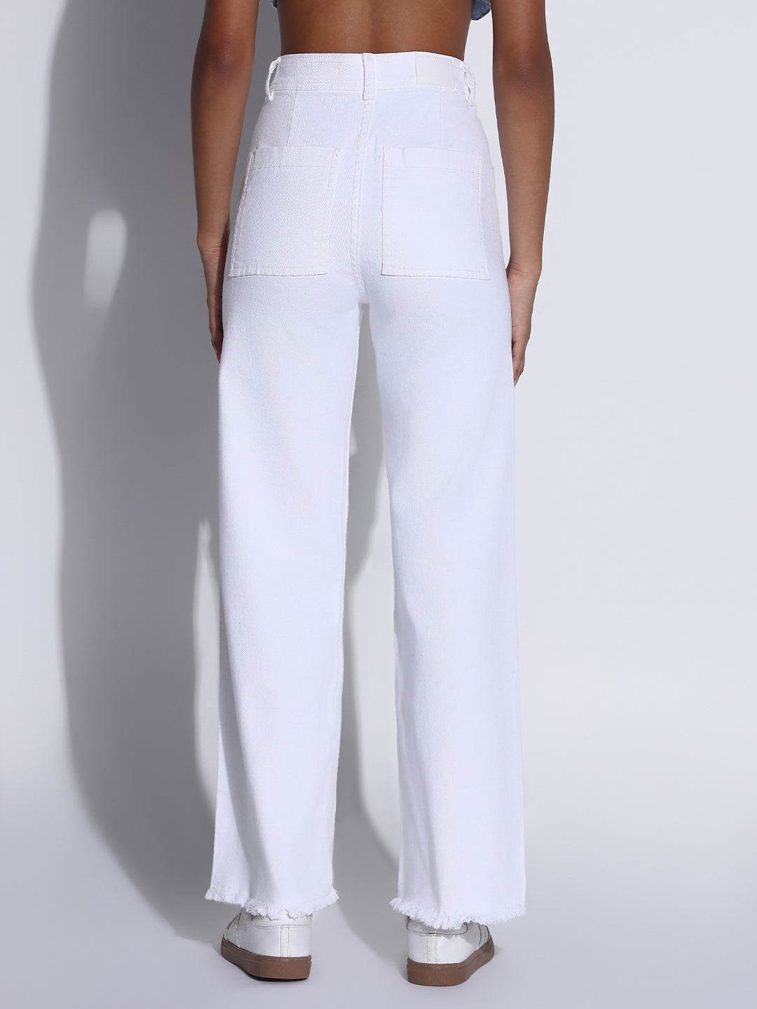 Women's Solid White Frayed Hem Wide Leg Jeans