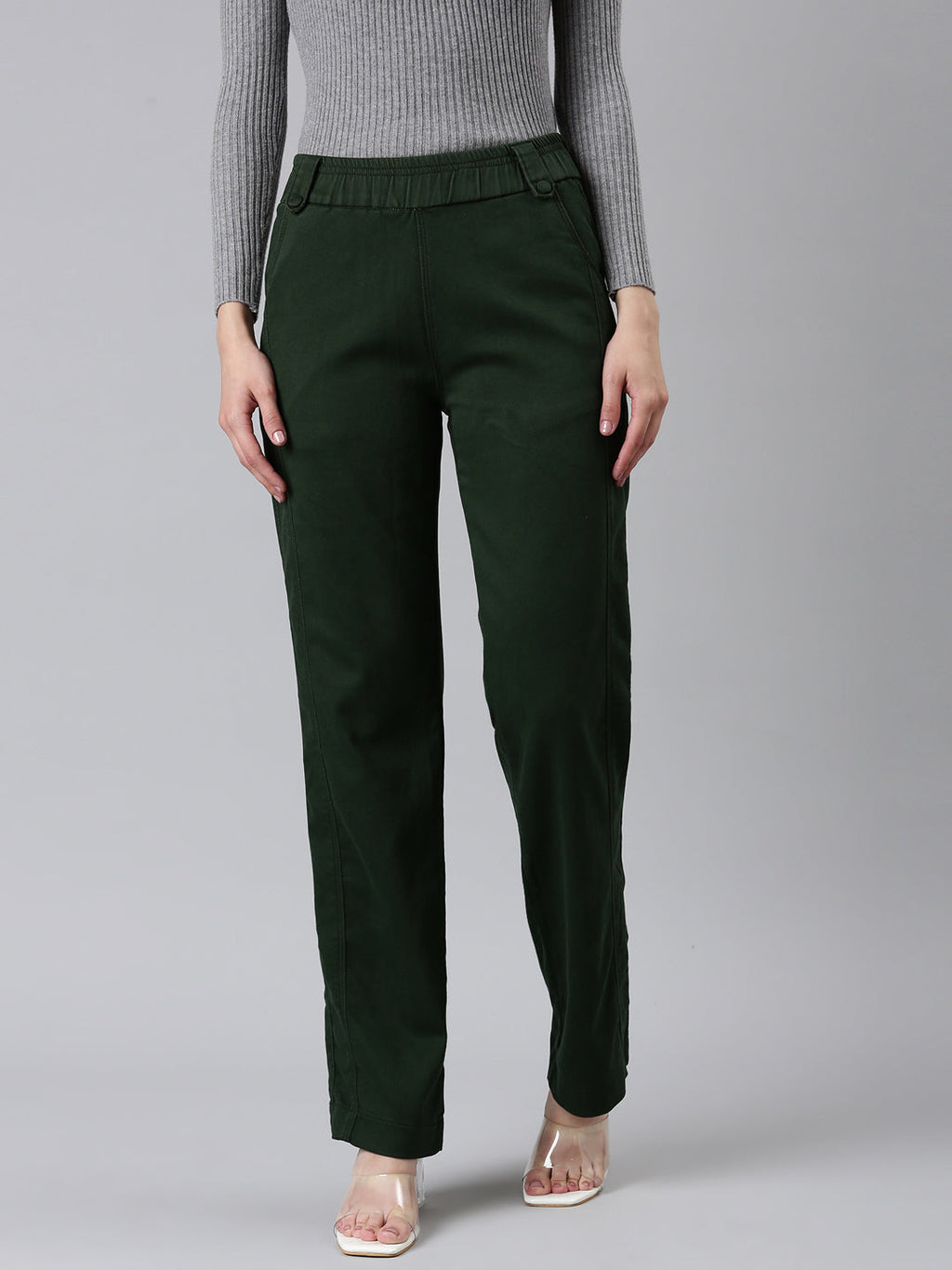 Women's Olive Straight Fit High-Rise Trousers