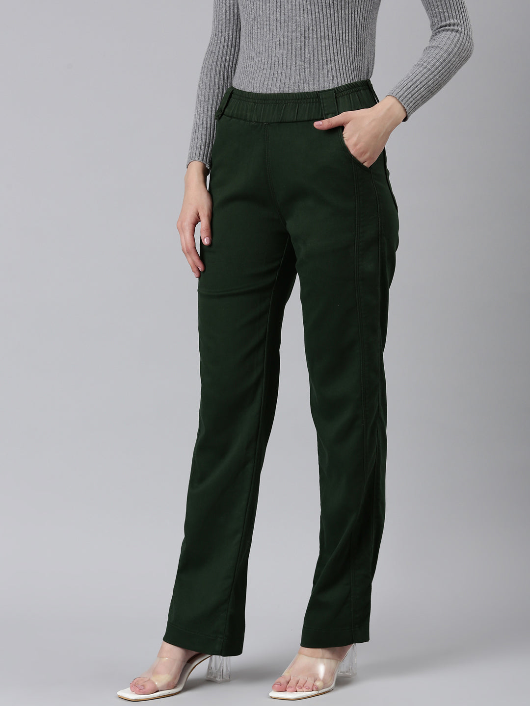 Women's Olive Straight Fit High-Rise Trousers