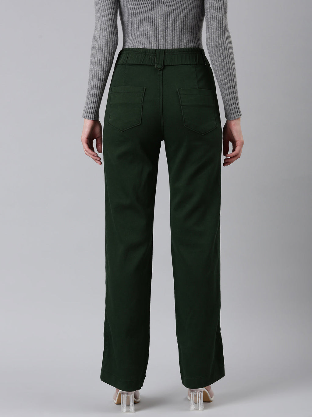 Women's Olive Straight Fit High-Rise Trousers