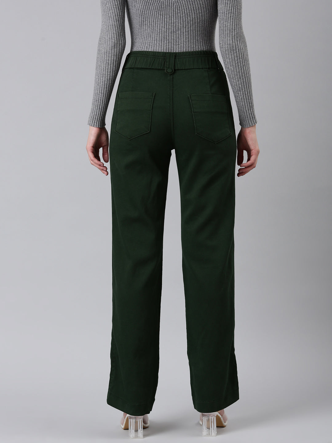 Women's Olive Straight Fit High-Rise Trousers
