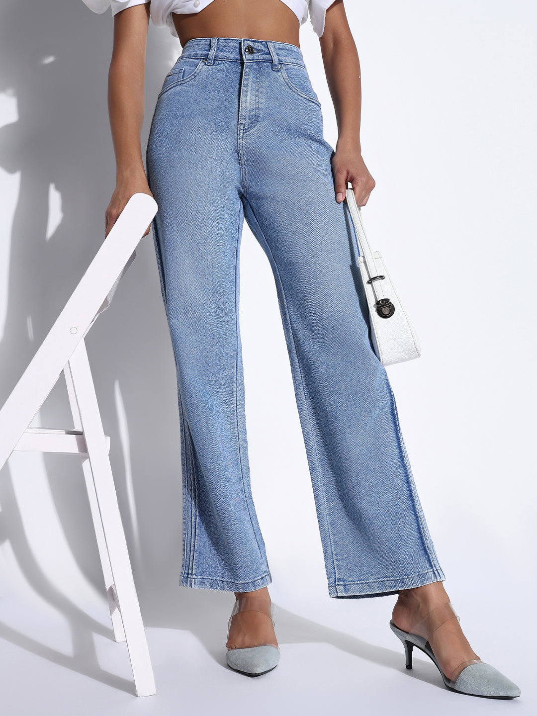Women's Solid Blue Wide Leg Jeans