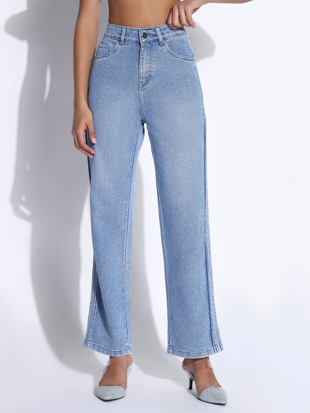 Women's Solid Blue Wide Leg Jeans
