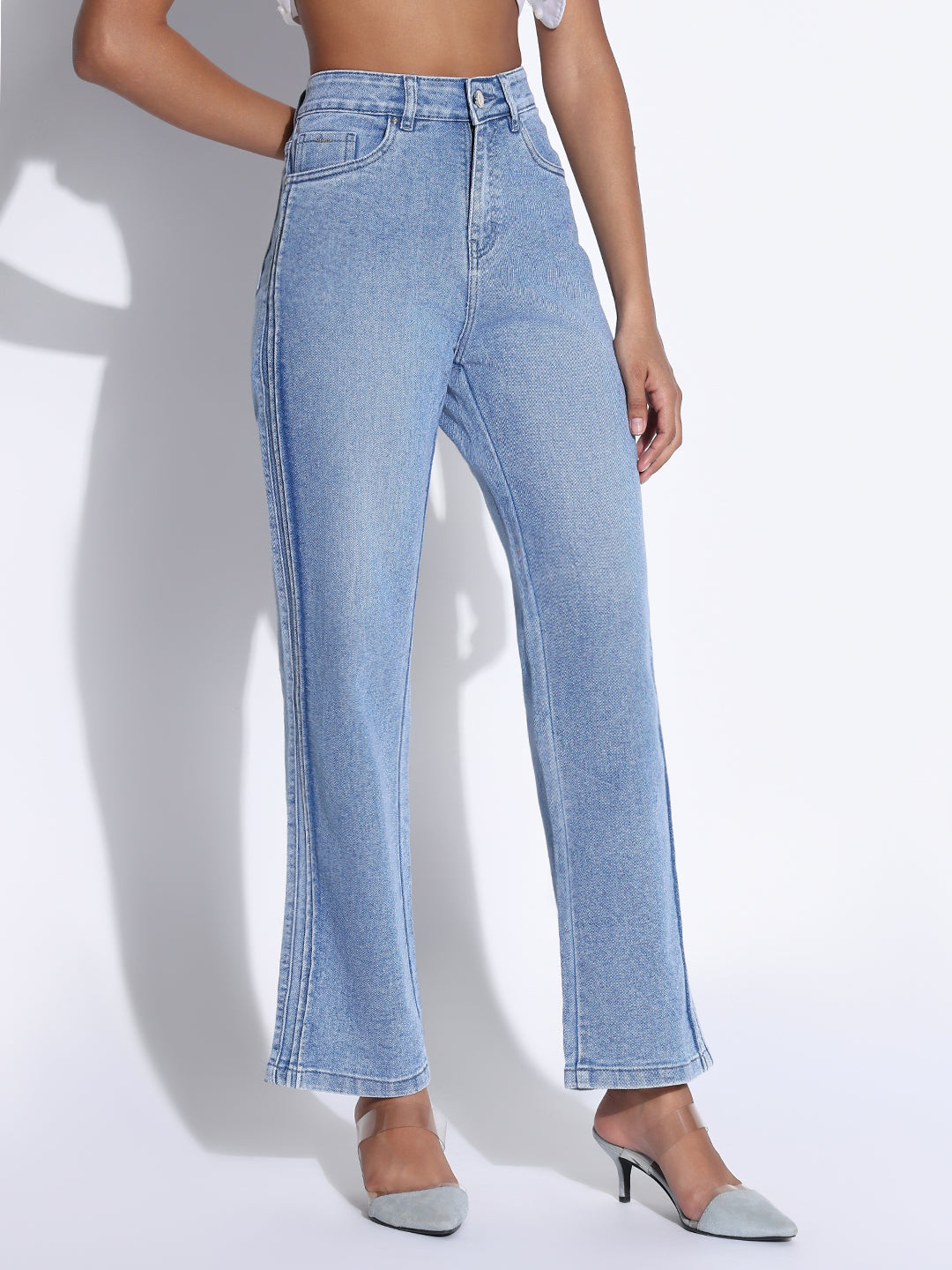 Women's Solid Blue Wide Leg Jeans