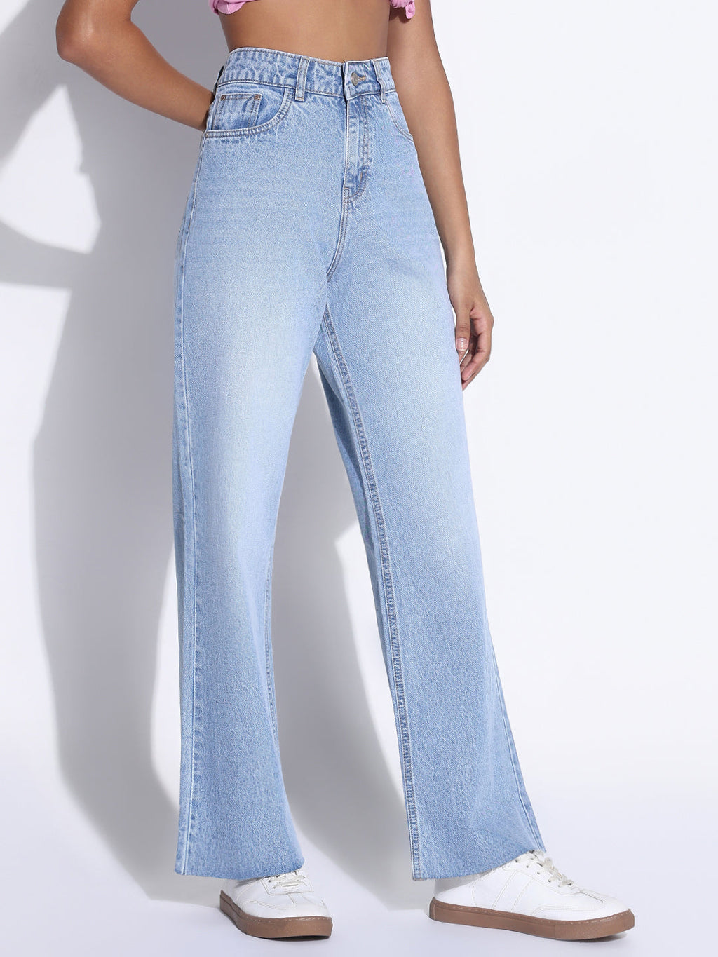 Women's Solid Blue Wide Leg Jeans