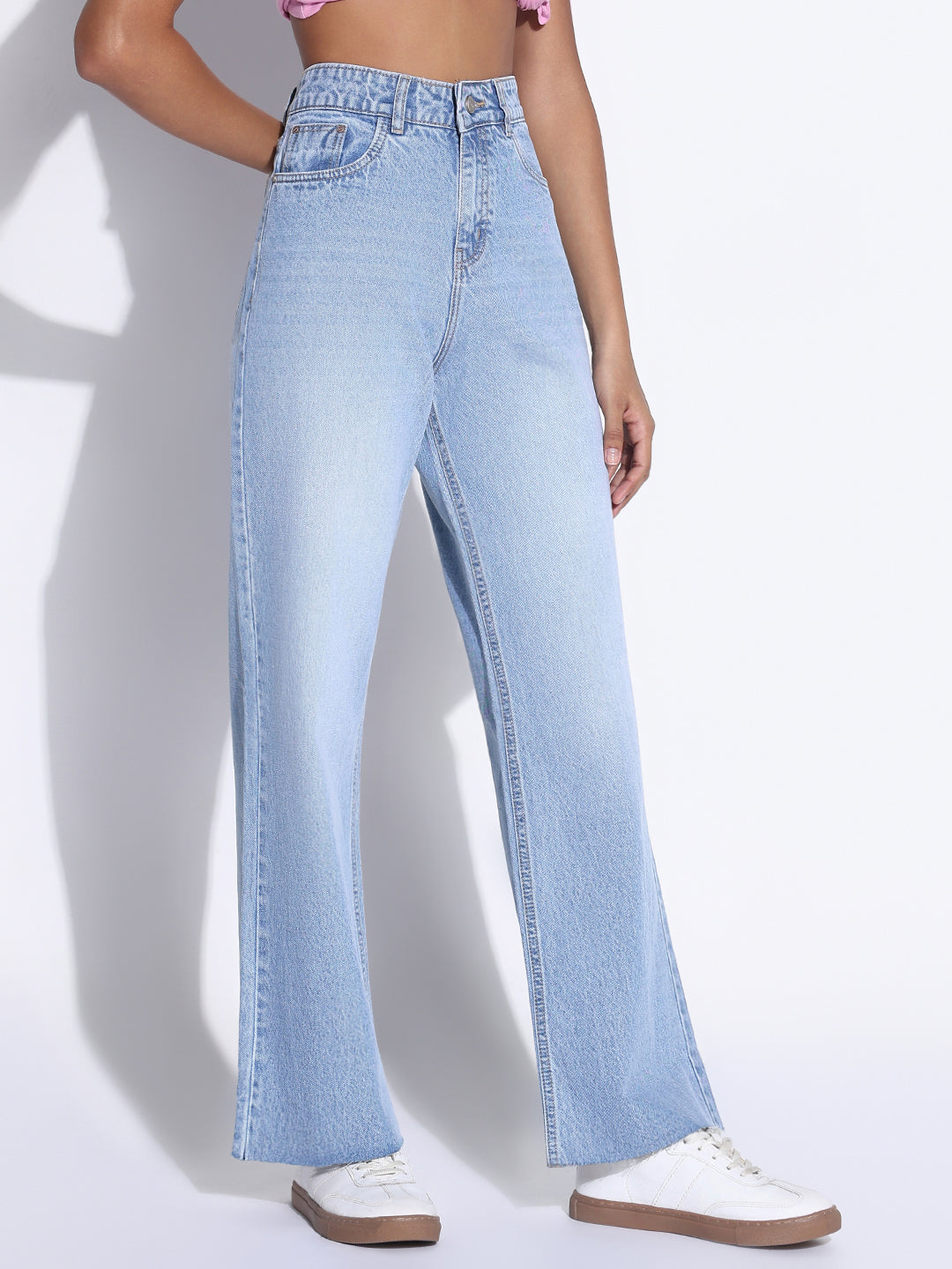 Women's Solid Blue Wide Leg Jeans