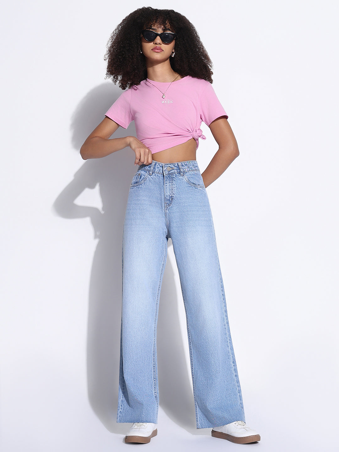 Women's Solid Blue Wide Leg Jeans