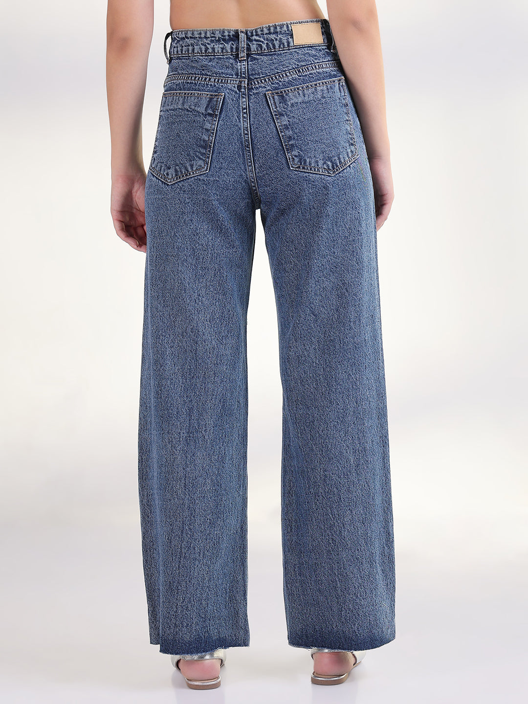 Women's Solid Blue Raw Hem Straight Fit Jean