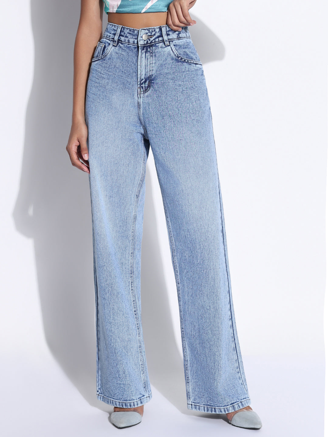 Women's Solid Blue Wide Leg Jeans