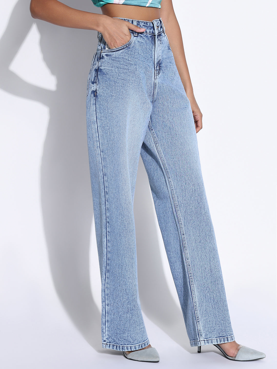 Women's Solid Blue Wide Leg Jeans