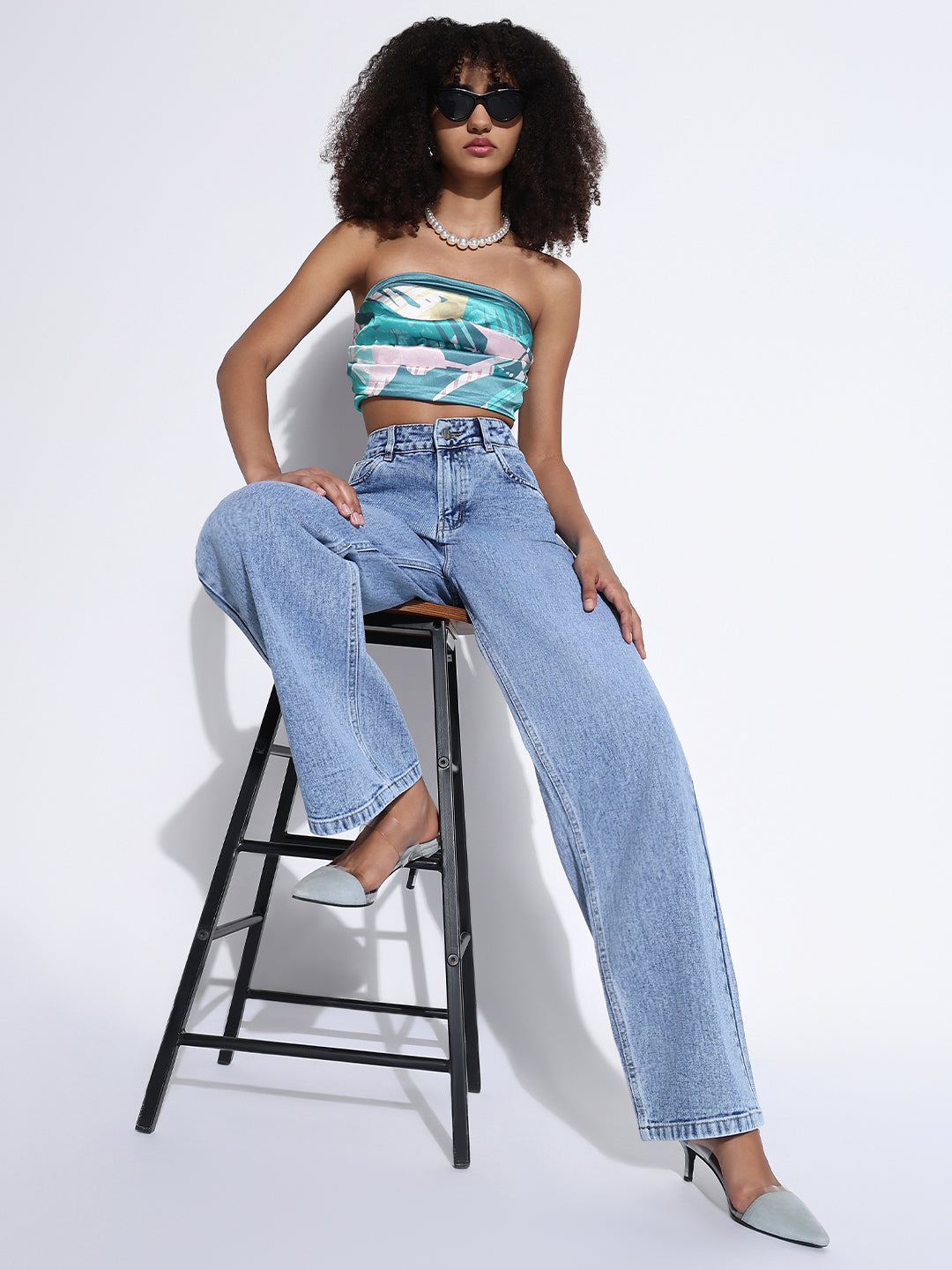 Women's Solid Blue Wide Leg Jeans