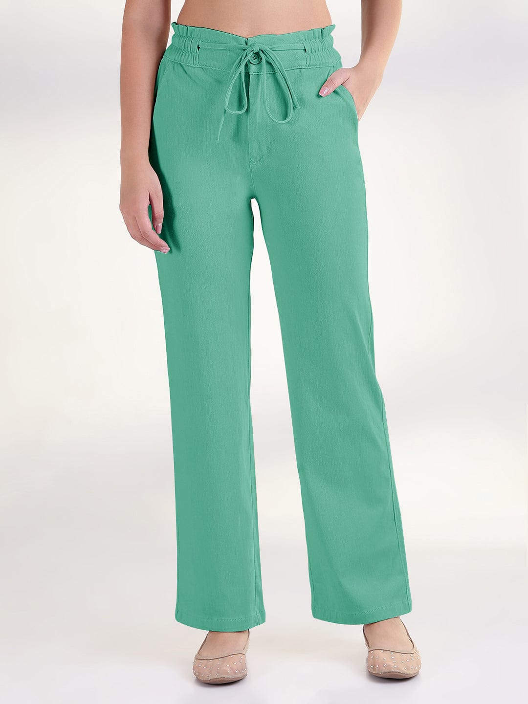 Women's Green Straight Fit Cotton Trousers with Waist Tie up and Button