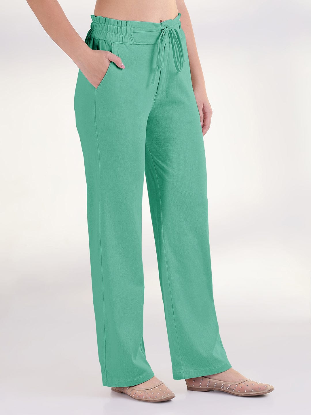 Women's Green Straight Fit Cotton Trousers with Waist Tie up and Button