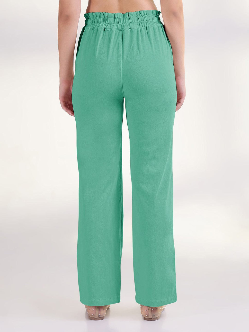 Women's Green Straight Fit Cotton Trousers with Waist Tie up and Button