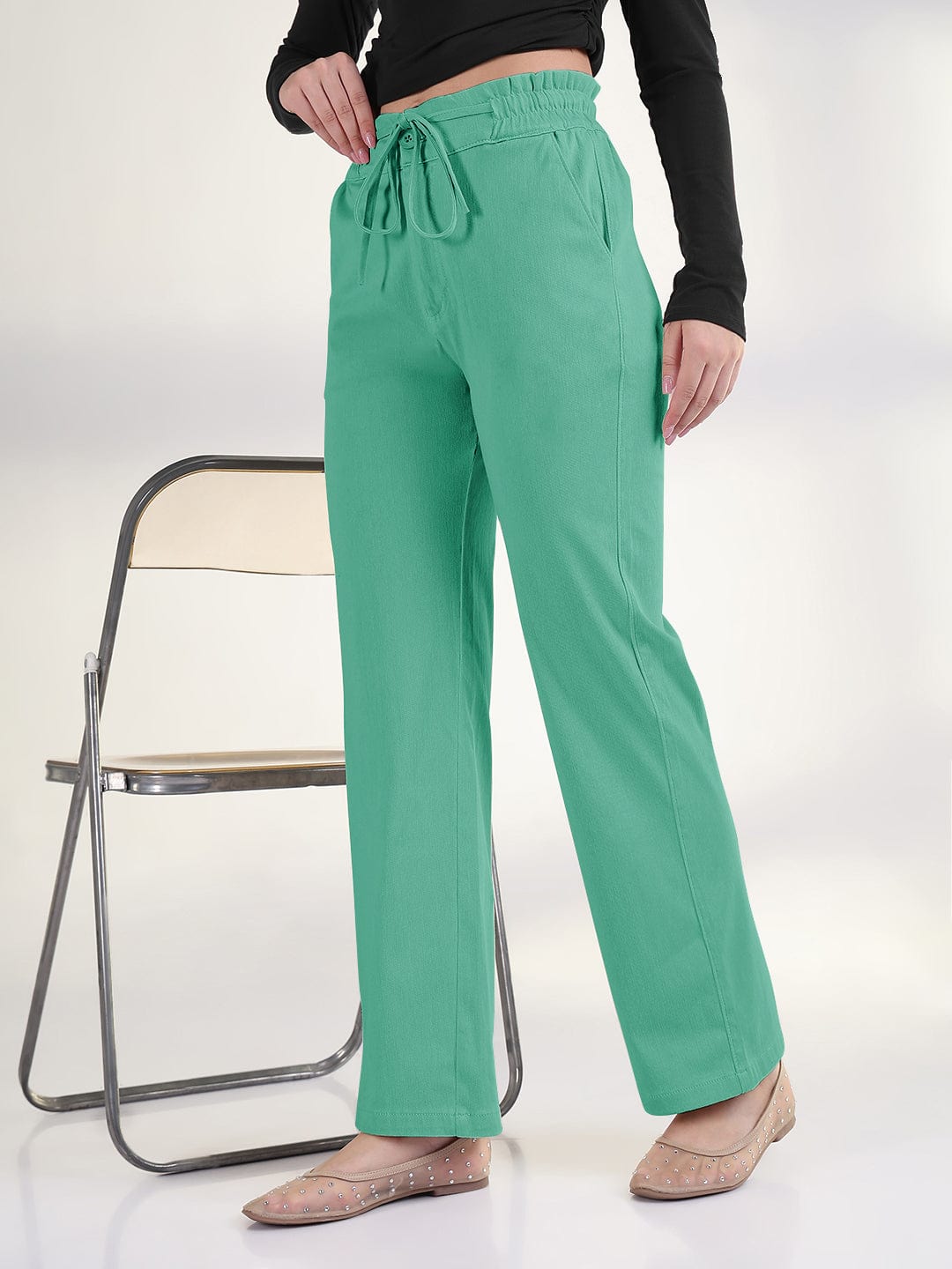 Women's Green Straight Fit Cotton Trousers with Waist Tie up and Button