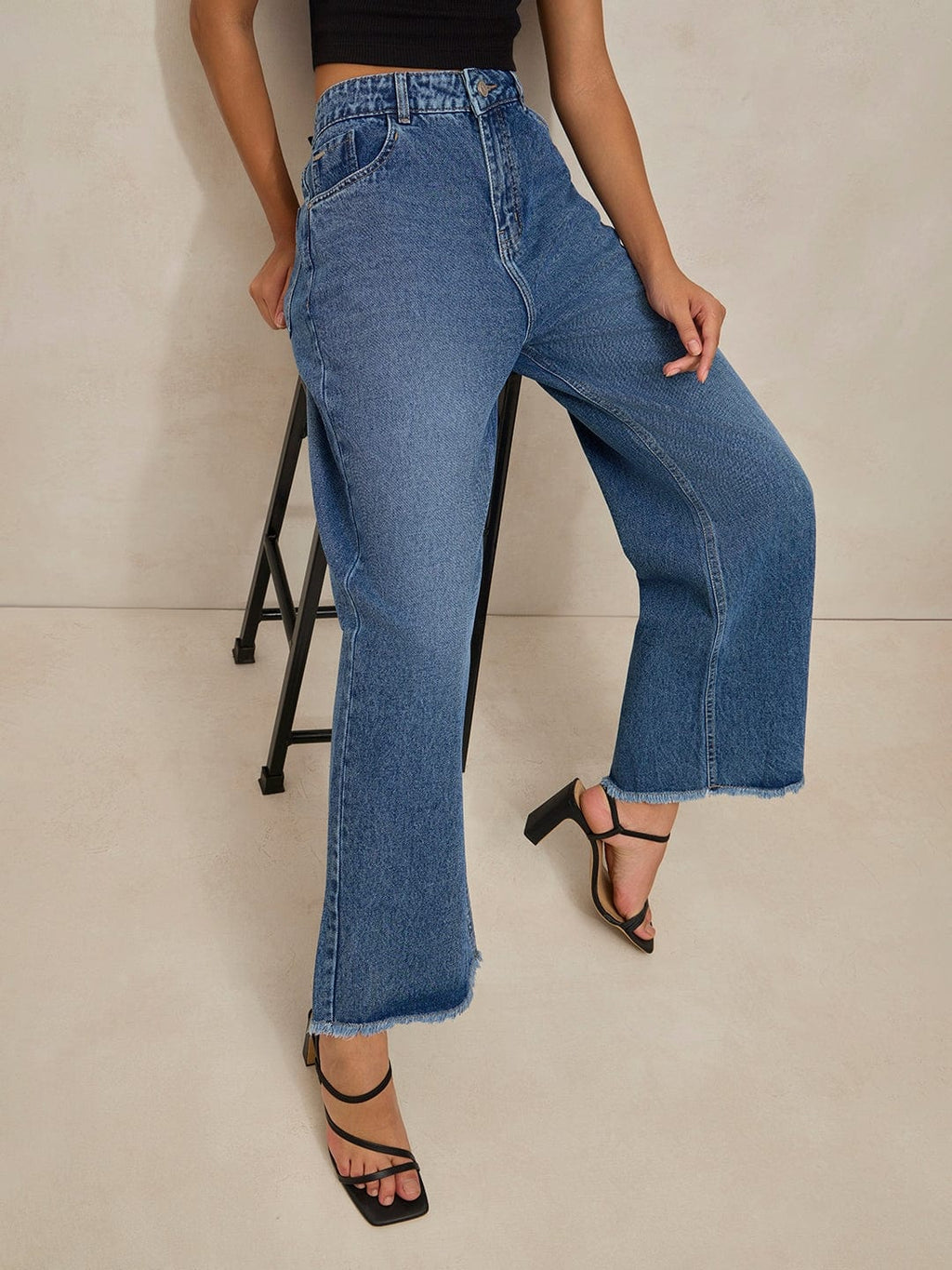 Women's Blue High Rise Wide Leg Jeans with Frayed Hem