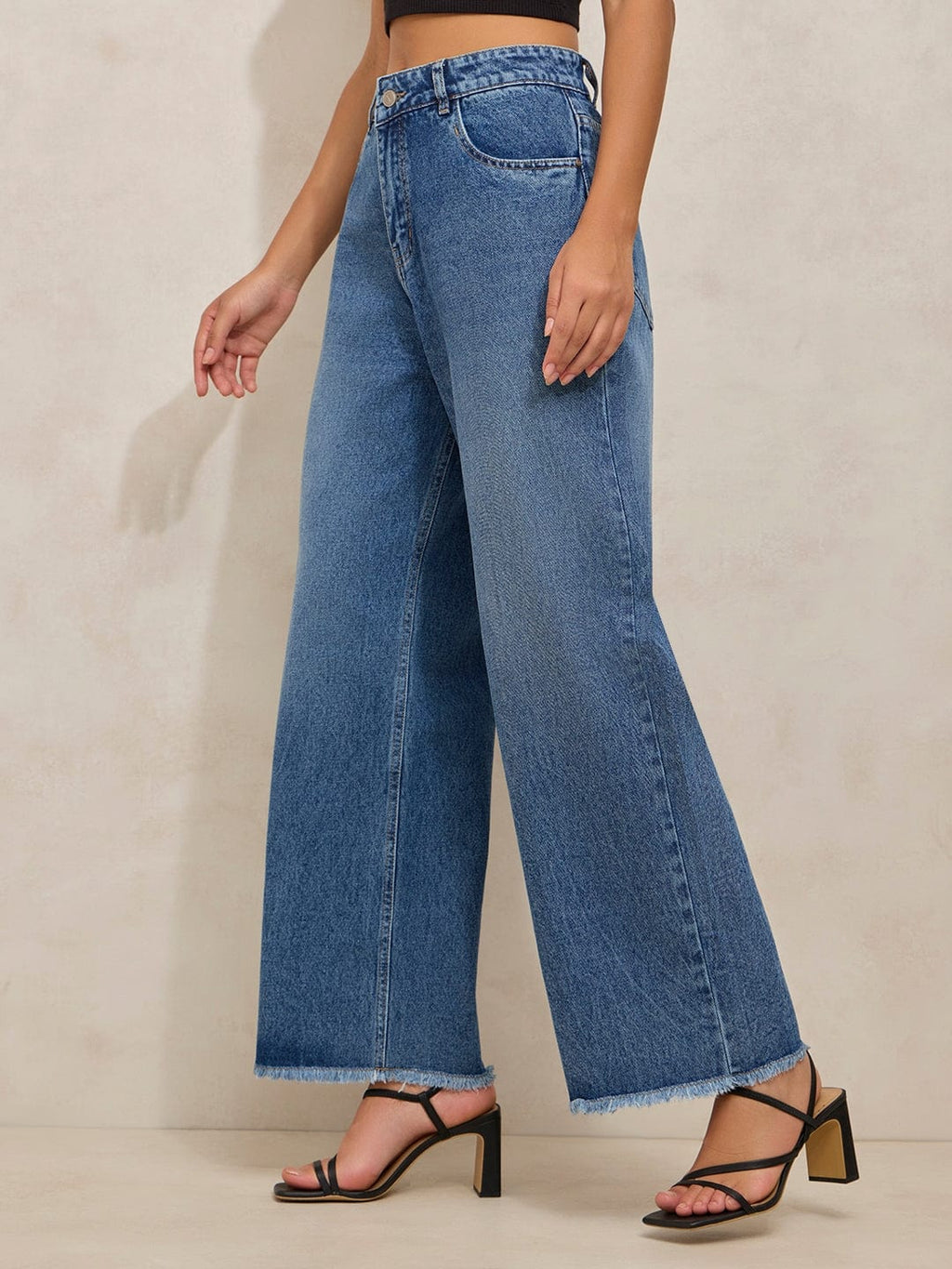 Women's Blue High Rise Wide Leg Jeans with Frayed Hem